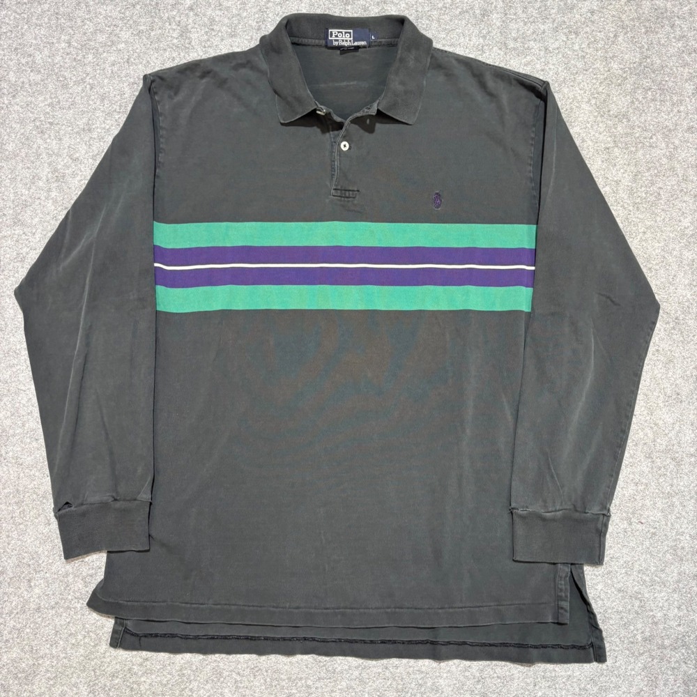 Polo Ralph Lauren Mens Large Long Sleeve Stripe Polo Shirt Black Green Purple